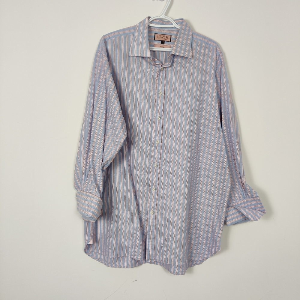 Thomas Pink Men's Button Down Striped Dress Shirt in Blue Pink Size 18 Business